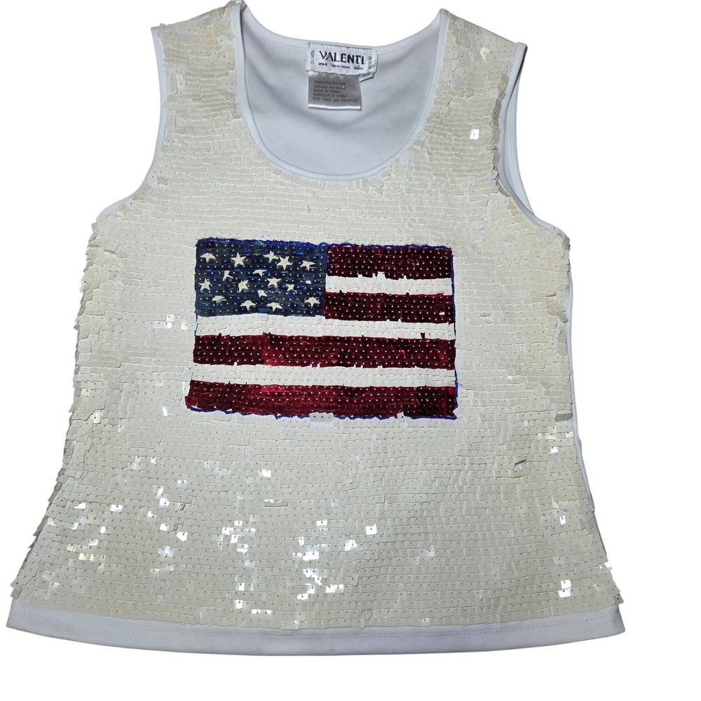 Valenti Women's M White Sequin American Flag Tank Top Patriotic USA Y2K
